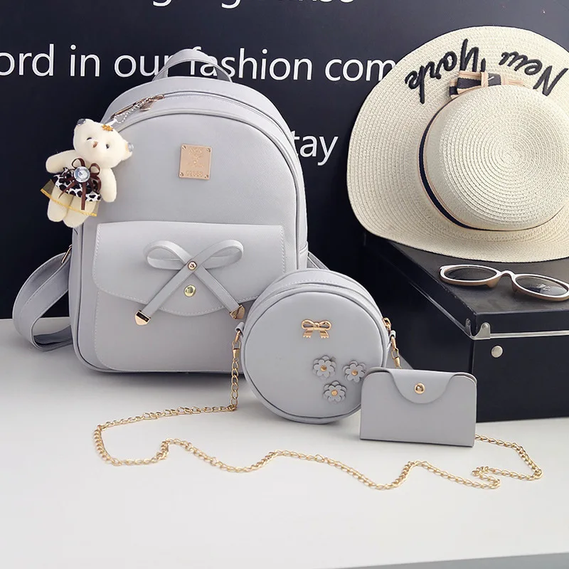 Korean Fashion Women's Bags PU Bow Composite Bag Young Girl Student Cute Shoulders Backpack Crossbody Bag Coin Purse 3pcs Set