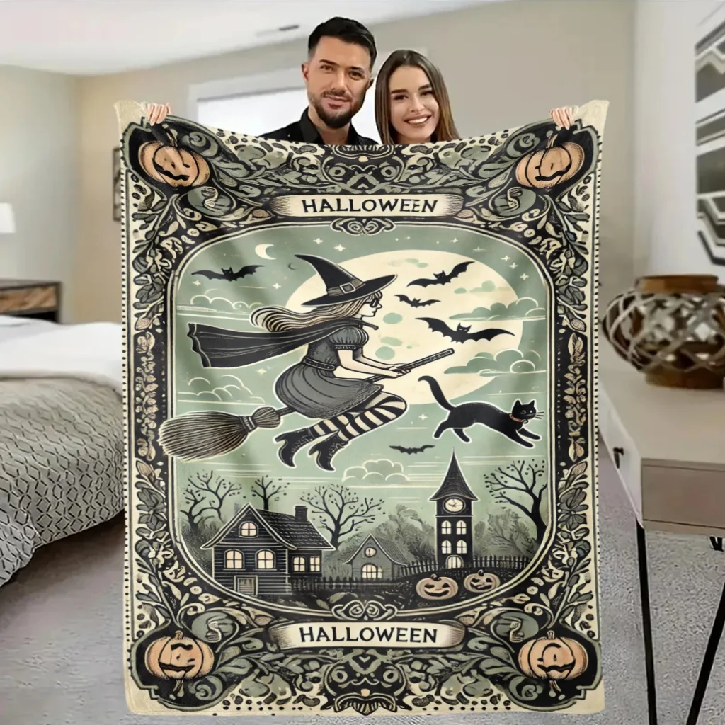 1pc Halloween Night Witch Flying On Broom Flannel Nap Throw Blanket, All Season Versatile Cover for Bed, Sofa, Office & Picnic