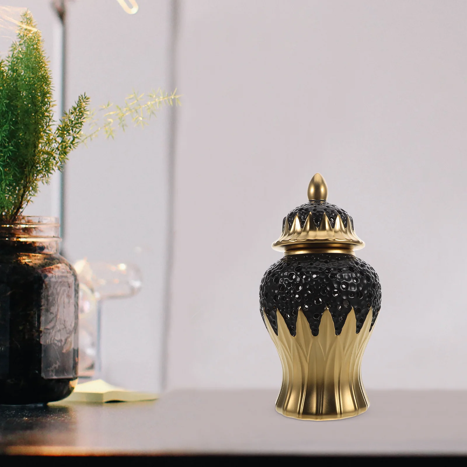 

Decorative Ceramic Ginger Jar with Lid Vintage Style Carved Temple Vase for Home Entryway Kitchen Countertop Organization Flower