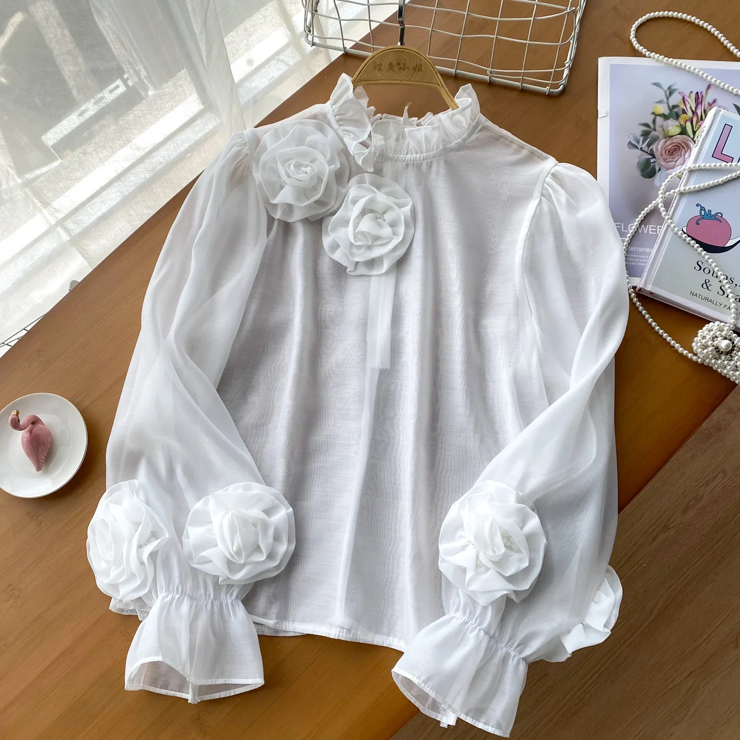 2024 Ruffles Flower Loose Women Shirt Elegant O Neck Long Sleeve Transparent Thin Ladies Mesh Casual Fashion Chic Blouse