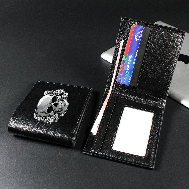Gothic Skull Floral Print Men's Short Wallet PU Leather with Personalized Multi-functional Credit Card Storage Wallet Cute Gifts
