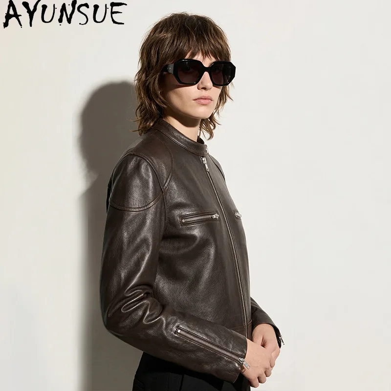 AYUNSUE Women's Real Leather Jackets Short Stand Collar Long Sleeve Tops Fashion Commuting Jacket Woman Clothes Autumn Jaqueta