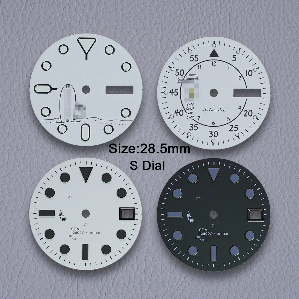 28.5 ミリメートル S ロゴ NH36 漫画犬ダイヤルフィット NH35 ムーブメントグリーン発光ホワイトダイヤル時計修正アクセサリー