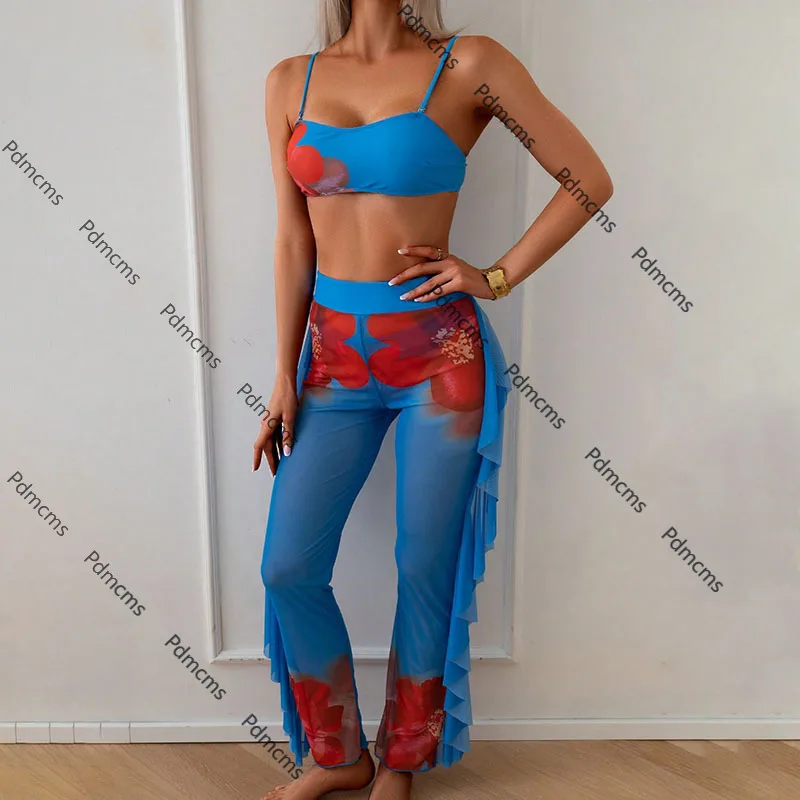 

2025 новый европейский и американский купальник из трех частей с принтом, женские пляжные брюки, сексуальное бикини, купальник из горячих источников