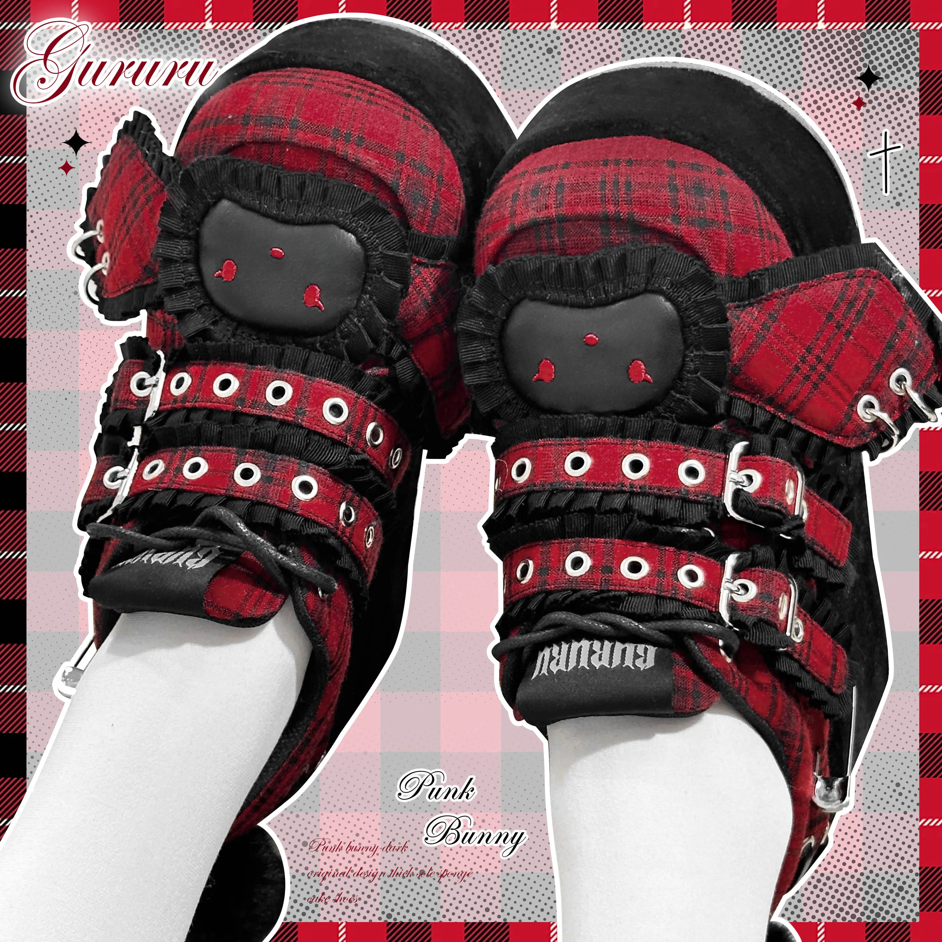 Bandage Bunny Gururu Original Y2k Lolita Red Checkered College Thick Soled Shoes Retro Punk Pu Round Toe Student Girl Shoes