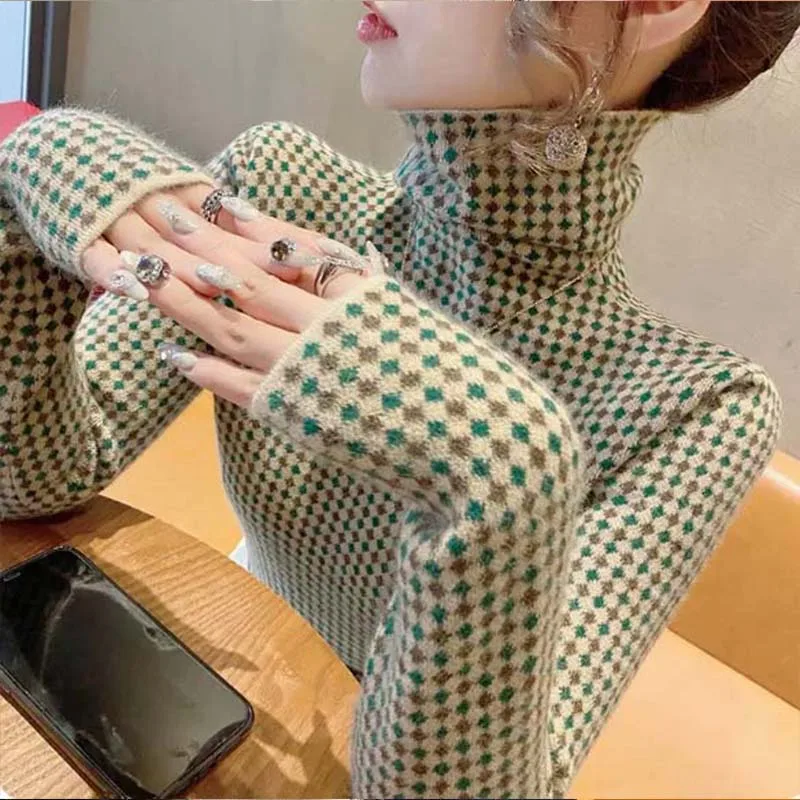 Women's Clothing Fashion All-match Turtleneck Sweaters Autumn Winter Elegant Chic Gingham Knit Pullovers Office Lady Slim Tops