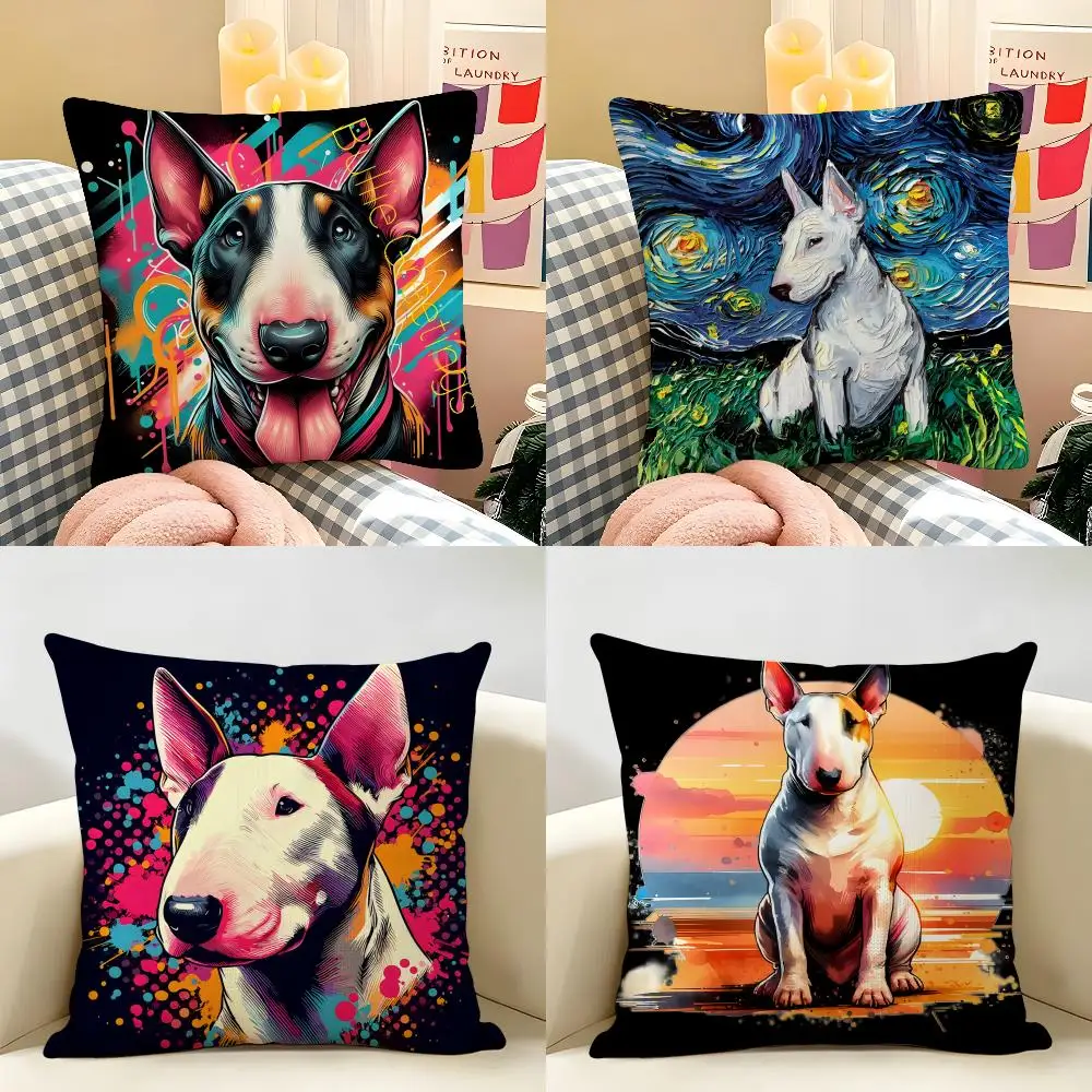 Cartoon Bull Terrier Series Cushion Cover Natural Linen Organic Fabric Double-Sided Printing Room Sofa Decor Pillow Case