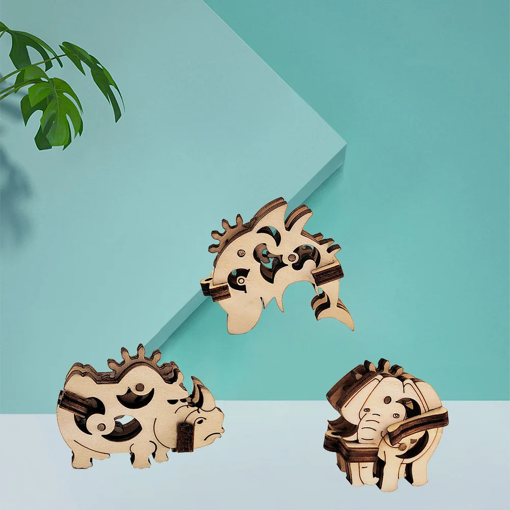 Mini wooden puzzle DIY animal trinkets three-piece set of hand-assembled toys creative gift