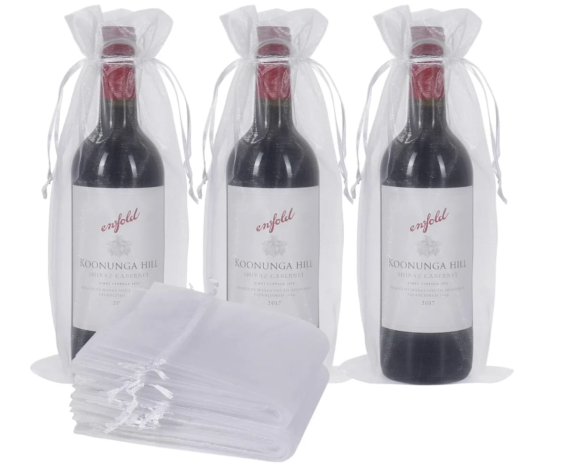 

100pcs 14x37cm Drawstring Organza Wine Bags Christmas Gift Bag In Purple Red Gold Pink Bungurdy Champagne Bottle Holder Pouches
