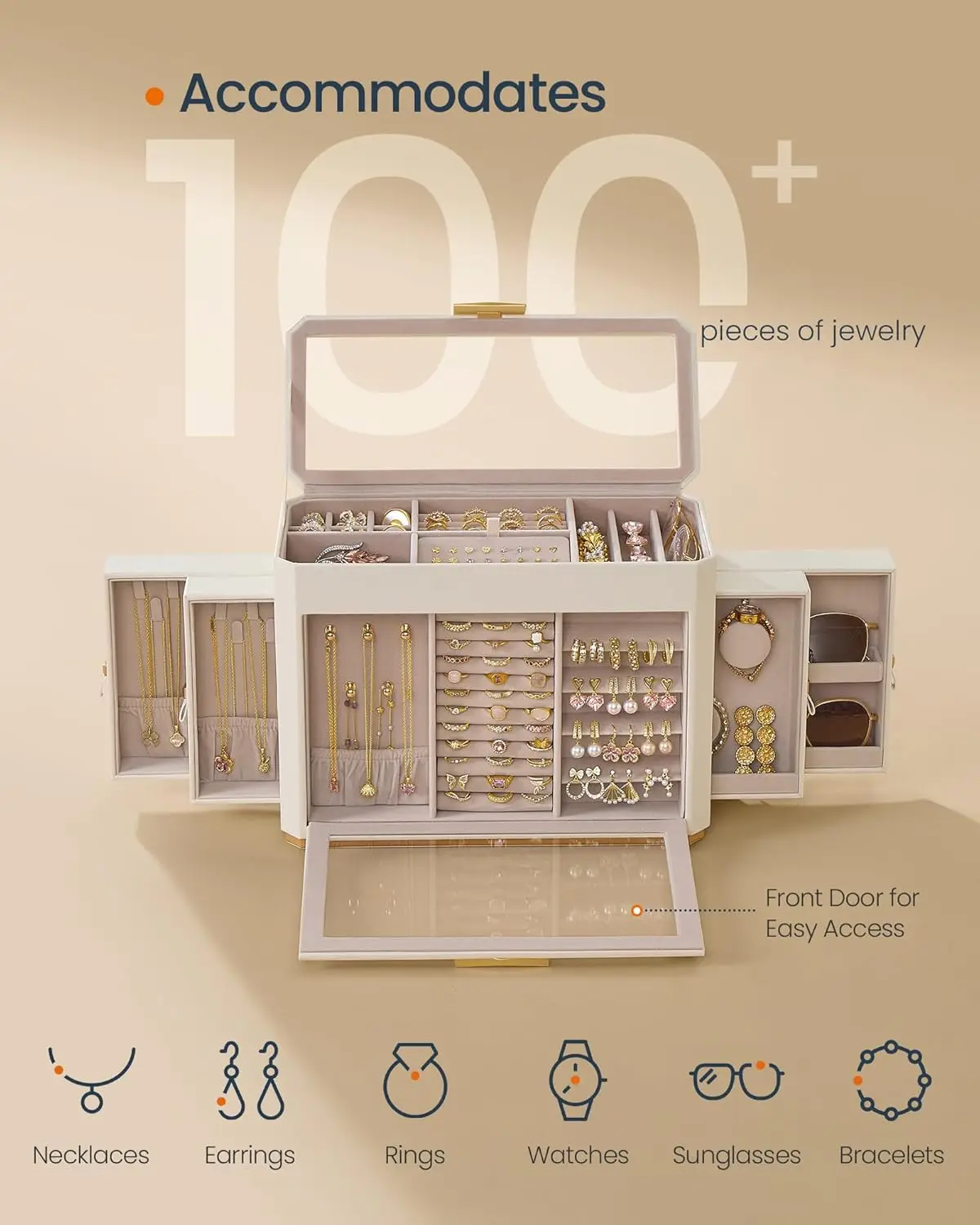 Large Jewelry Organizer with Glass Windows, 4 Drawers, PU Leather, Velvet Lining, Gift Box in Cloud White