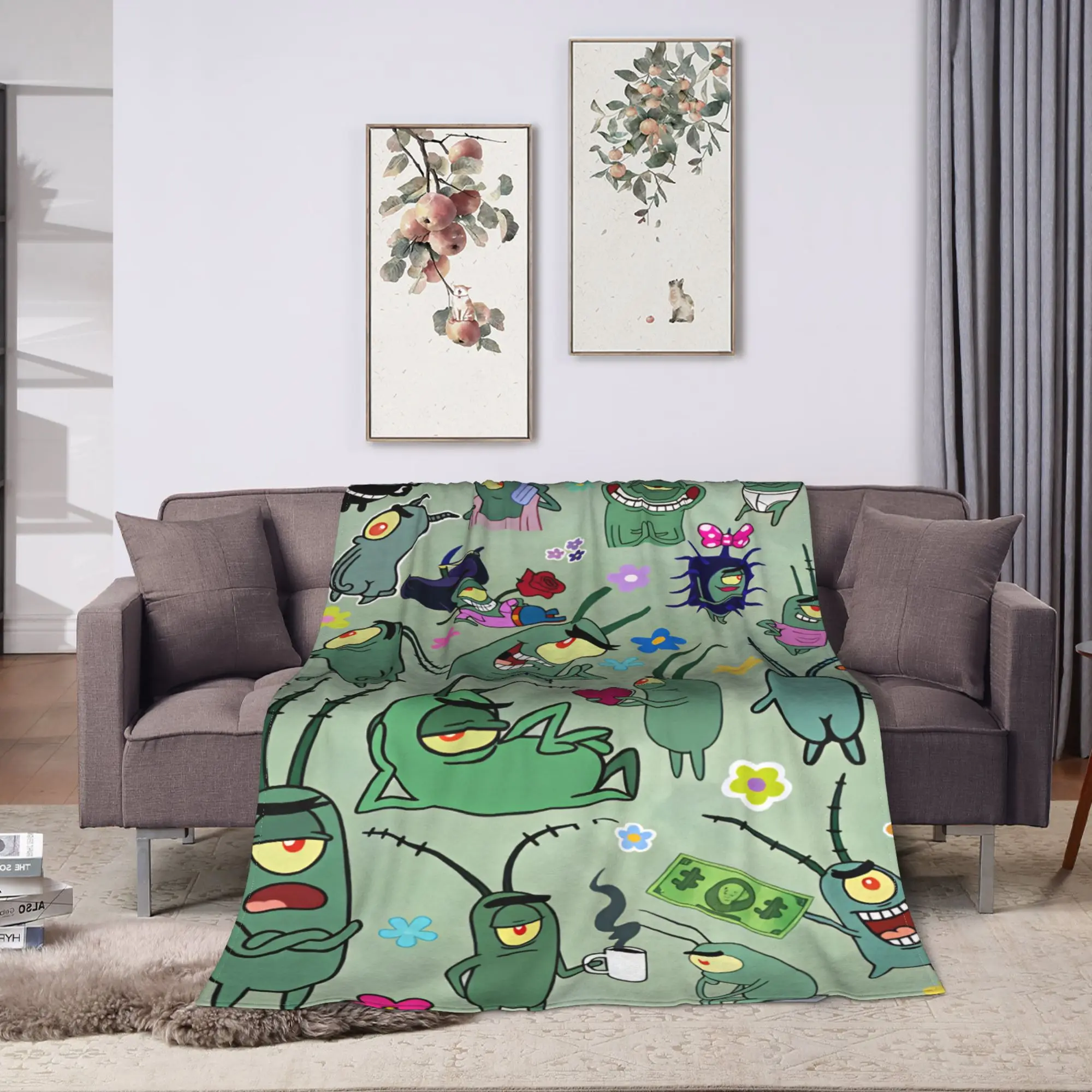 SpongeBobs Plankton  Plush Blanket Boy Girl  Flannel Throw Blanket For Bedroom Super Warm Design Quality Bedspread Gift