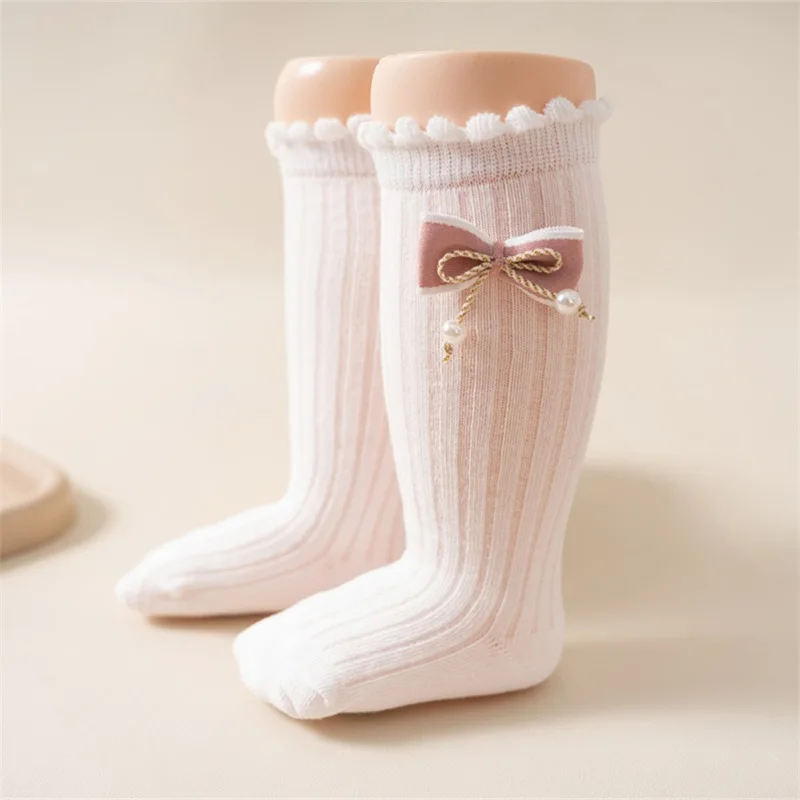 

SXYPAYXS-Princess Pearl Bow Mid Calf Socks Baby Girl s Knee High Socks Soft Pleated Stockings For 1-4 Years Baby