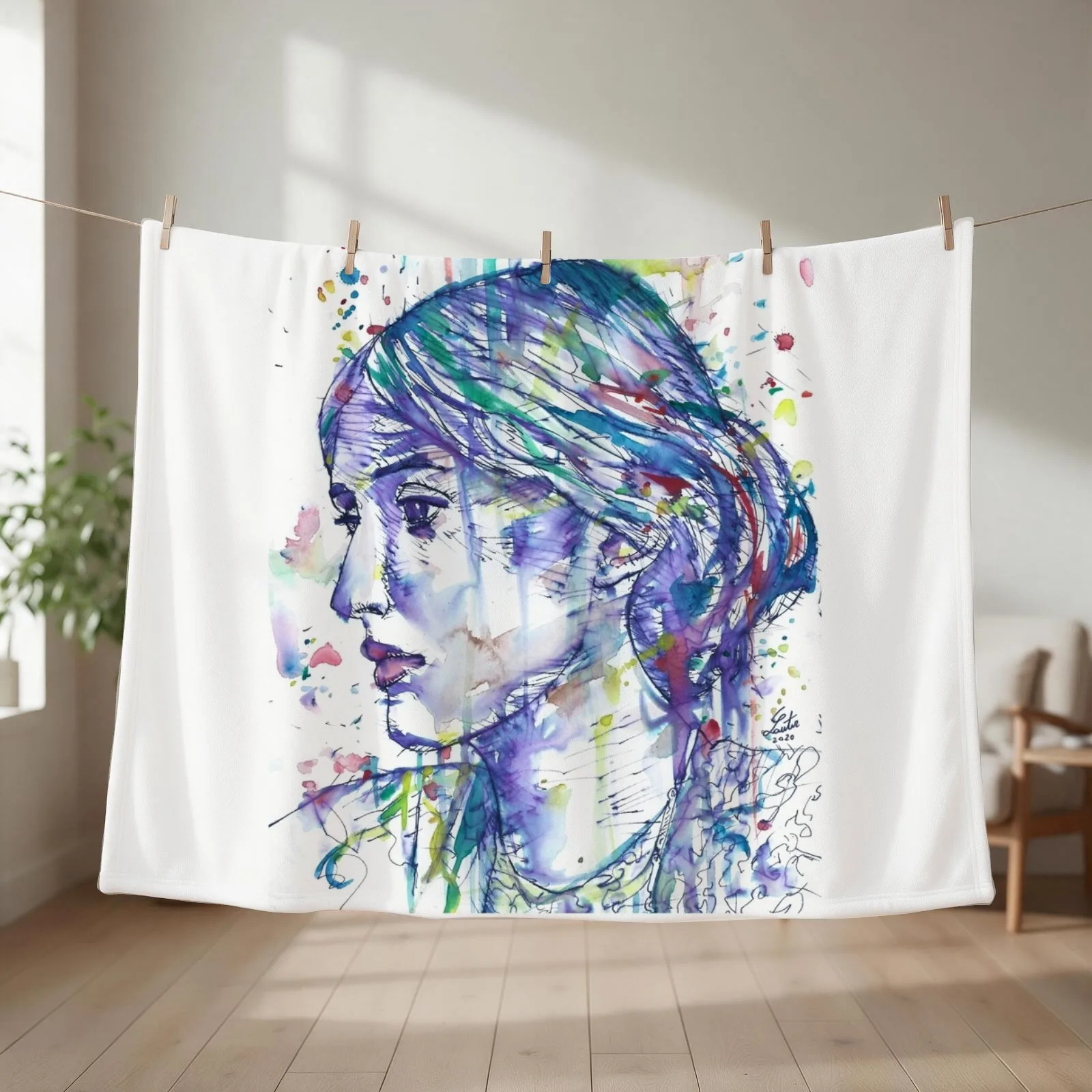 VIRGINIA WOOLF watercolor and ink portrait.1 Throw Blanket couch cozy soft plush fuzzy picnic outdoor blanket