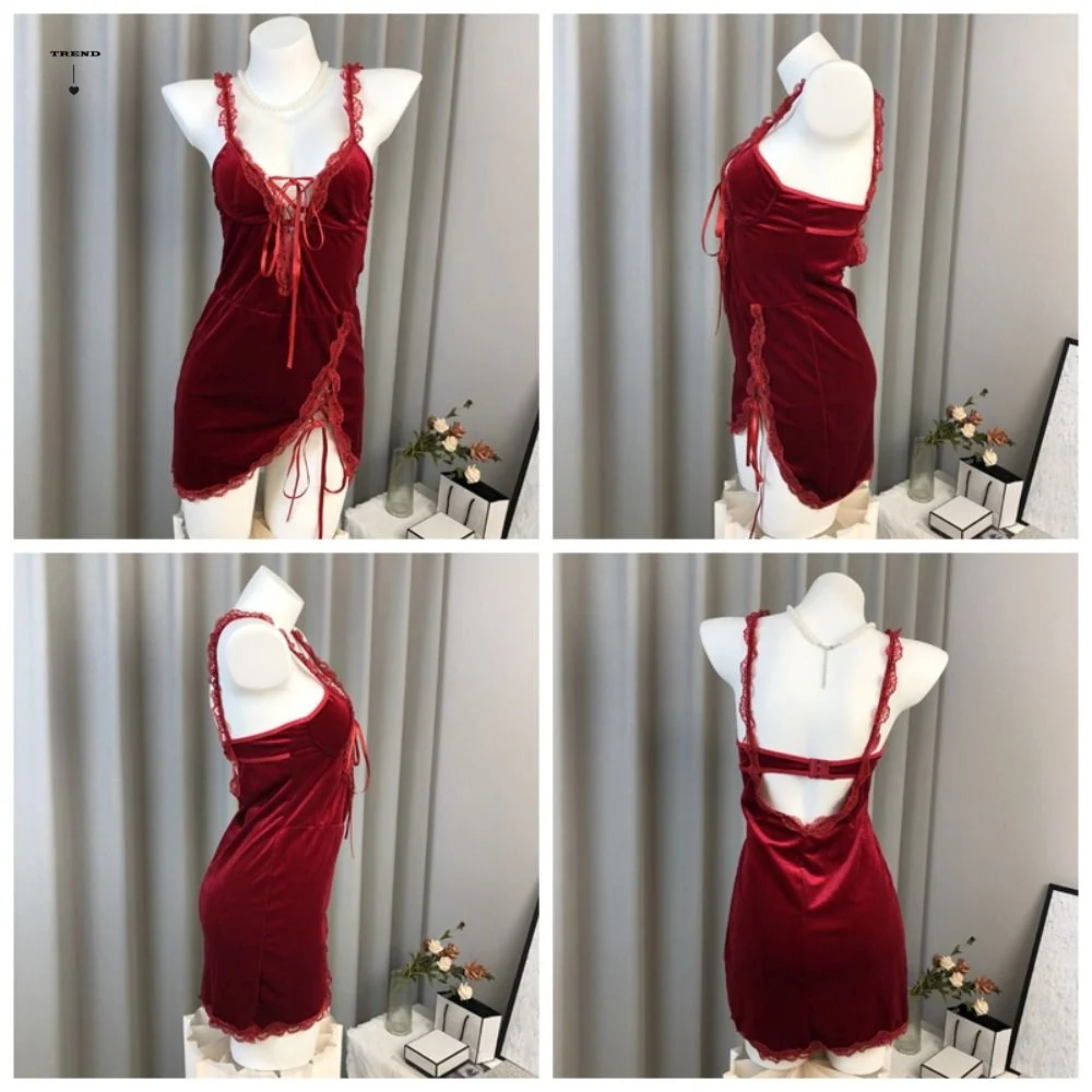 

Элегантная женская ночная сорочка-комбинация с кружевом, бантом и вырезом, тонкая, на бретельках, с завязками, для сна