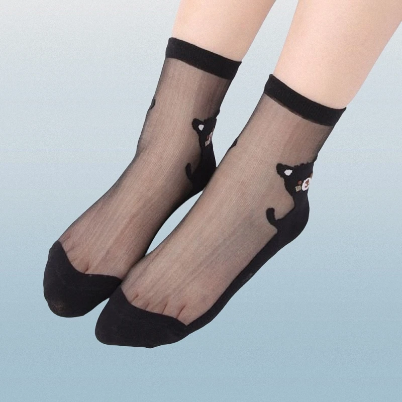 2024 New 3/6 Pairs Comfortable Thin Crystal Stockings Transparent Glass Stockings Bear Cartoon Breathable Women's Socks