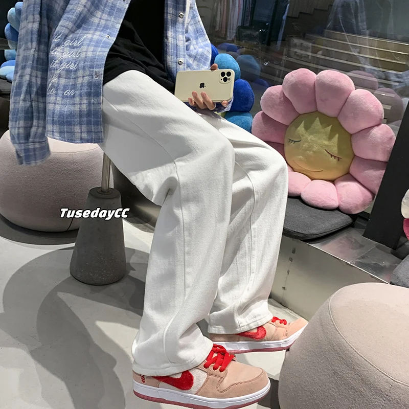 

White Straight Leg Men's Jeans Casual Versatile Trendy Loose Fit Long Pants for Teenagers Autumn Season Regular Thin