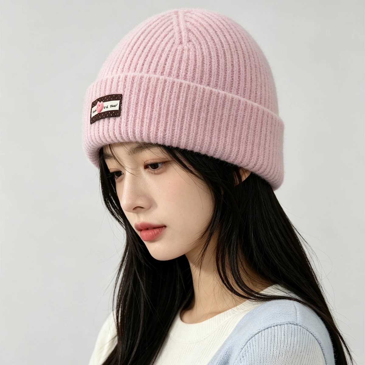 Korean Cute Flower Button Patched Letters Knitted Hats New Women Warm Casual Fashion Outdoor Versatile Travel Ins Niche Beanies 4