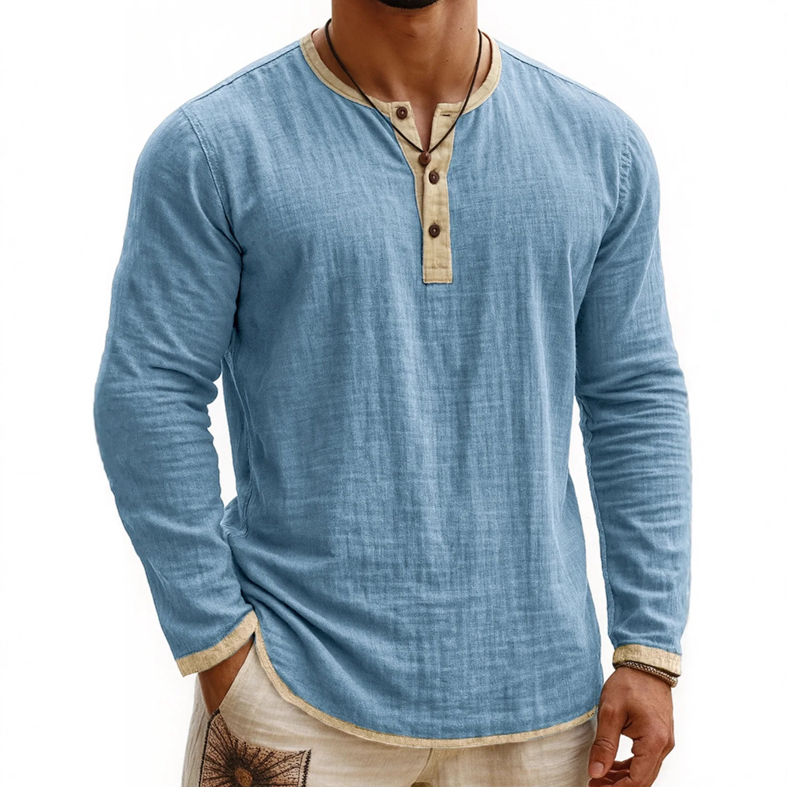 V-neck T-shirts Men's Casual T-shirt Fall Winter Long-sleeved Comfortable Soft Stretch Henley Shirt  Men Casual Long Sleeves