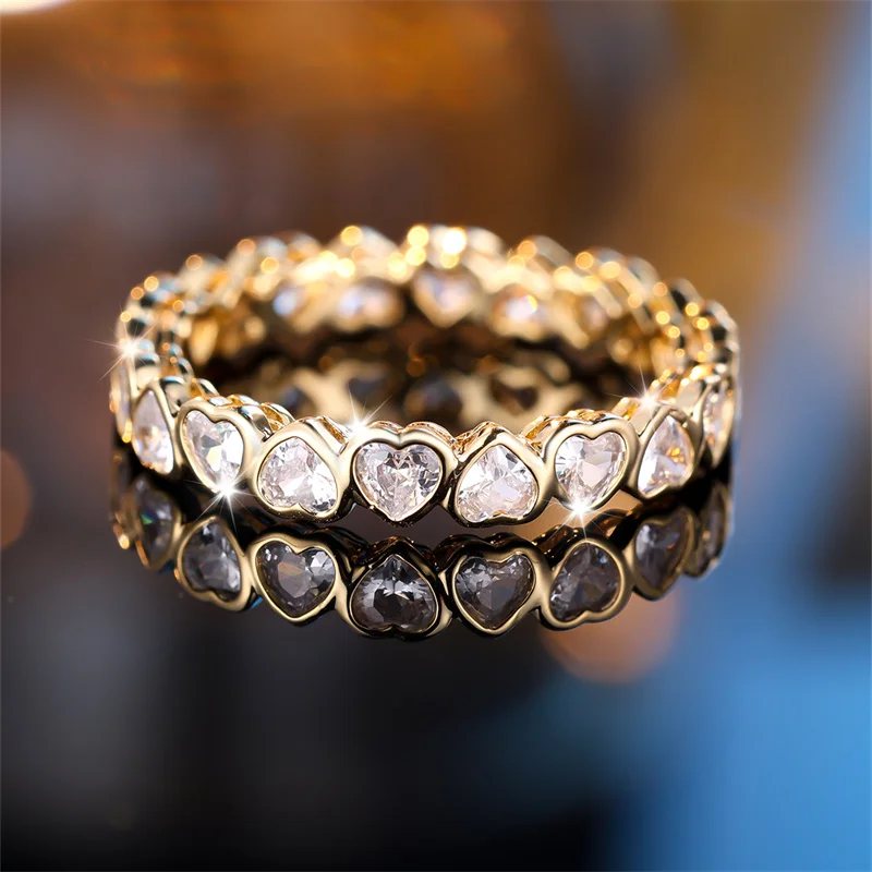 Anillos finos delicados de una sola fila con forma de corazón para mujer, Color dorado antiguo, circonita blanca, bandas de boda apilables, joyería de mano versátil CZ