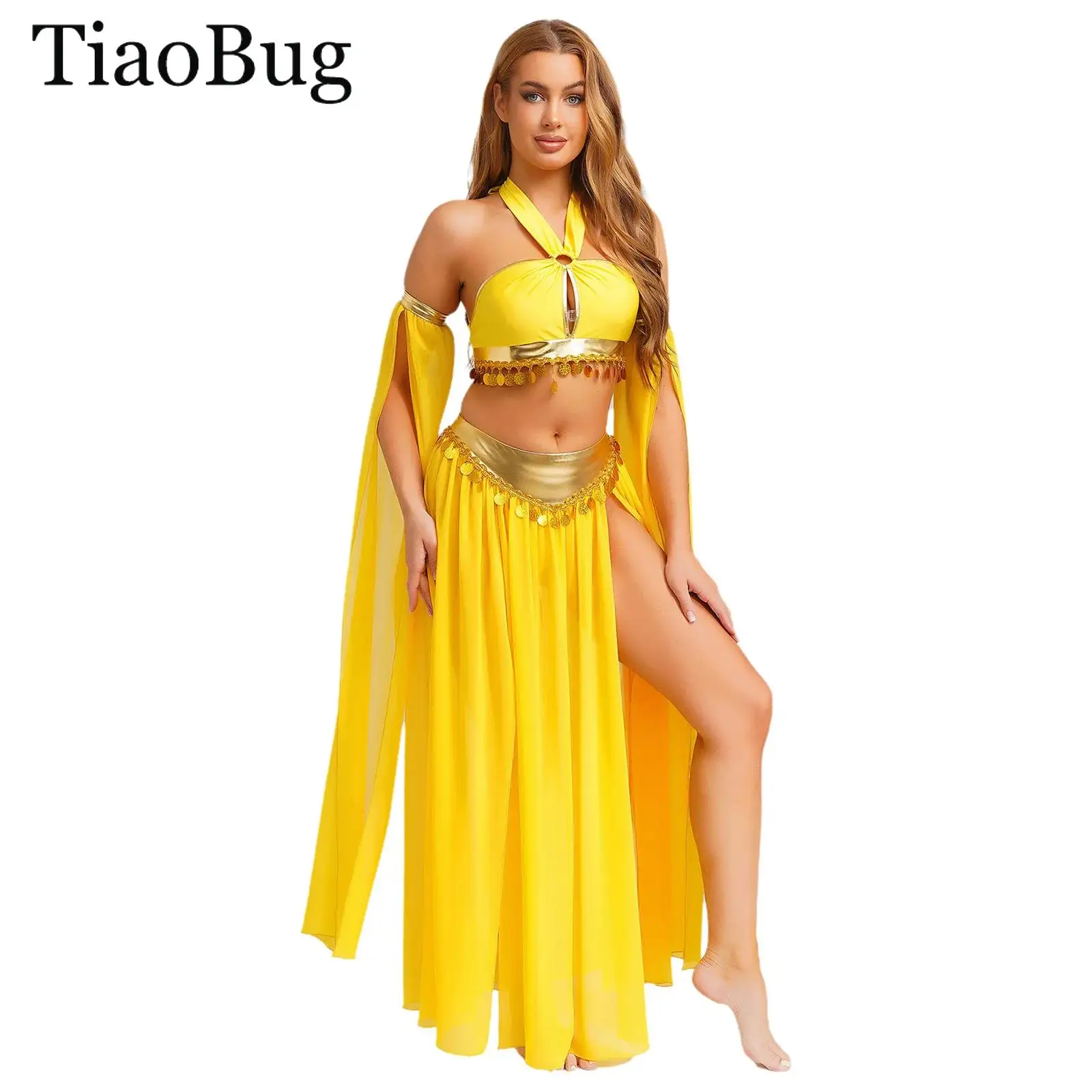 

Women Halloween Cleopatra Ancient Egyptian Queen Costume Halter Crop Top with Split Chiffon Skirt Sleeves Belly Dance Outfits