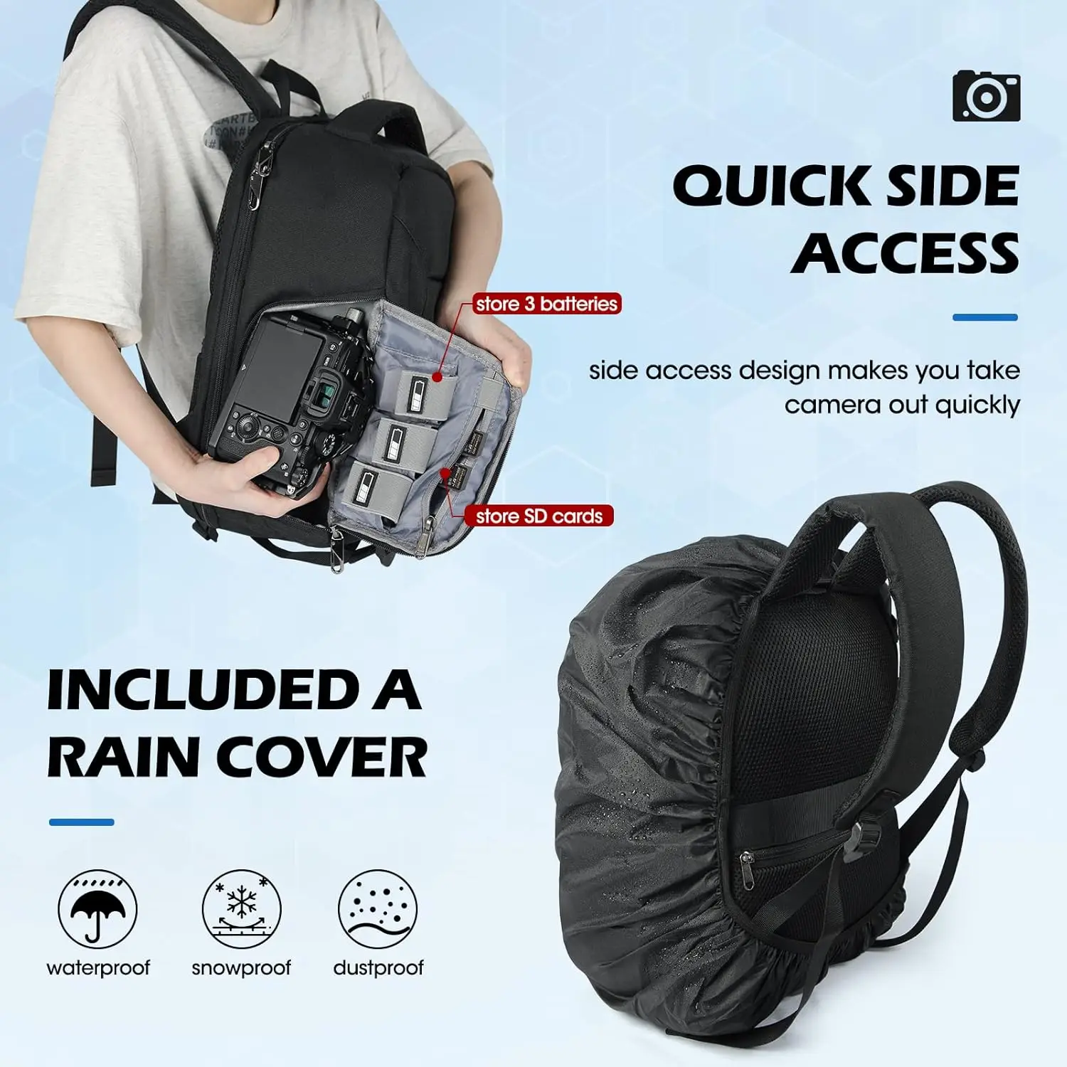 2pcs Lubardy Dedicated Camera Bag Travel Backpack Laptop Bag Large Capacity Men Women Photography Backpack and Rain Cover