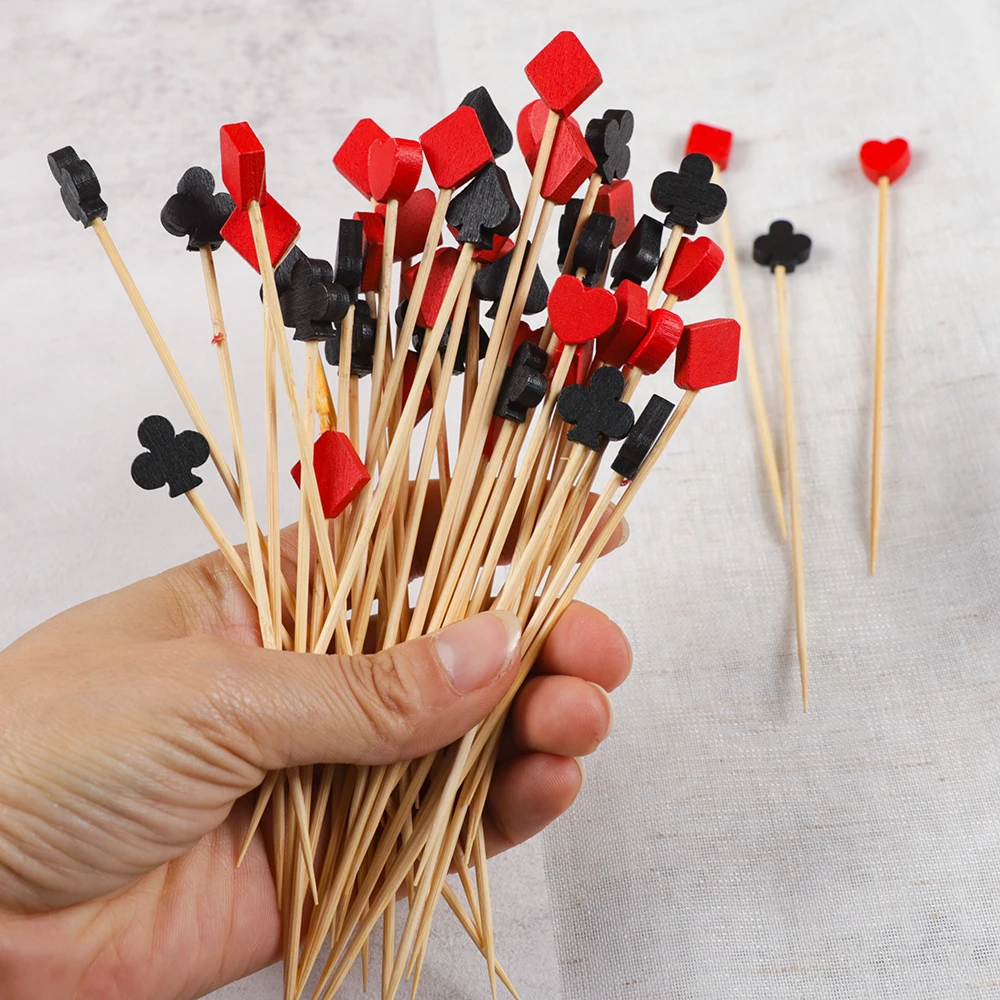 100Pcs Casino Las Vegas Poker Disposable Bamboo Food Picks Playing Card Dessert Fruit Forks for Birthday Wedding Party Decor