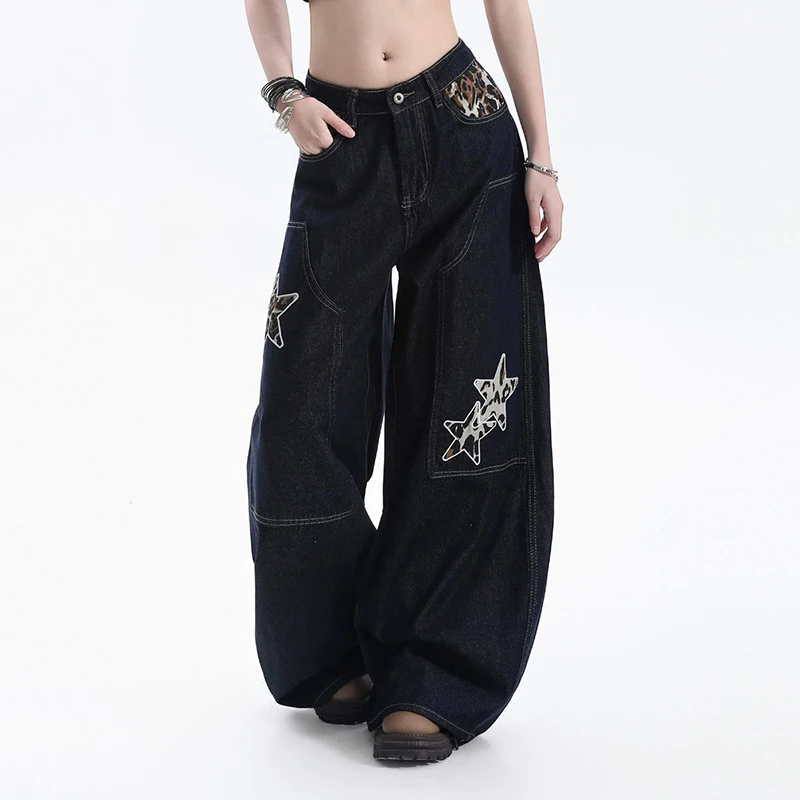 American High Waist Denim Jeans Women Streetwear Leopard Star Embroidery Loose Wide Leg Jeans Autumn Fashion Banana Pants New