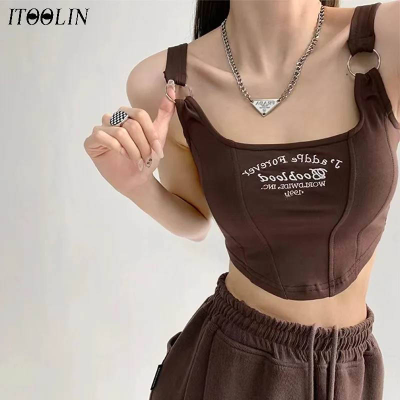 ITOOLIN Women Embroidery Letter Tank Tops With Bra Pad Casual Camis Y2K Crop Tops For Women Shoulder Belt Iron Ring Tank Tops