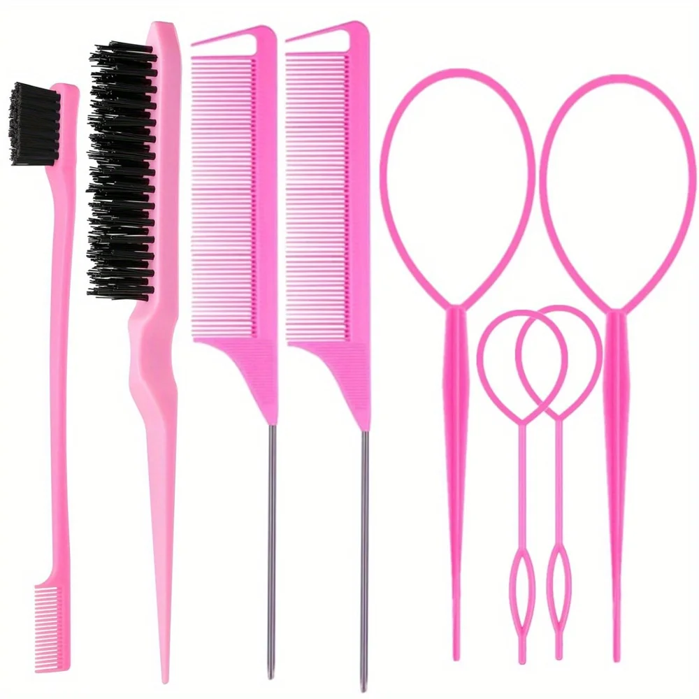 Pink 8-Piece Hair Brush Set with 4 Hair Tail Tools Bristle Teasing Brush Edge Control Brush & 2 Metal Pin Rat Tail Combs for Wom