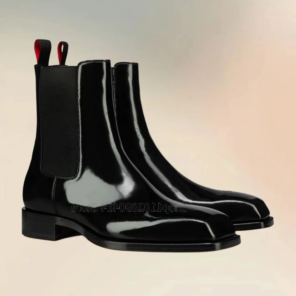 Black Patent Leather Patchwork Square Toe Boots Fashion Slip On Men Boots Luxury Handmade Party Banquet Office Men Dress Shoes