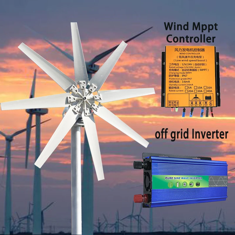 10KW 10Blades Small Wind Turbine Generator 9000W 8Blades 12v 24v 48v Windmill With Off Grid Inverter High Efficient Domestic