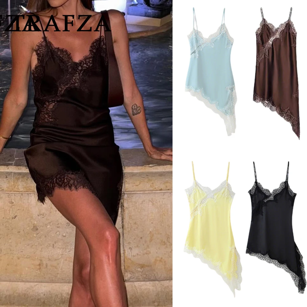 KONDALA Chic Lace Giallo Y2K Sexy Slim Donna Abiti Cami Mini Abito Asimmetrico Moda 2025 Summer Night Party Abiti Femminili