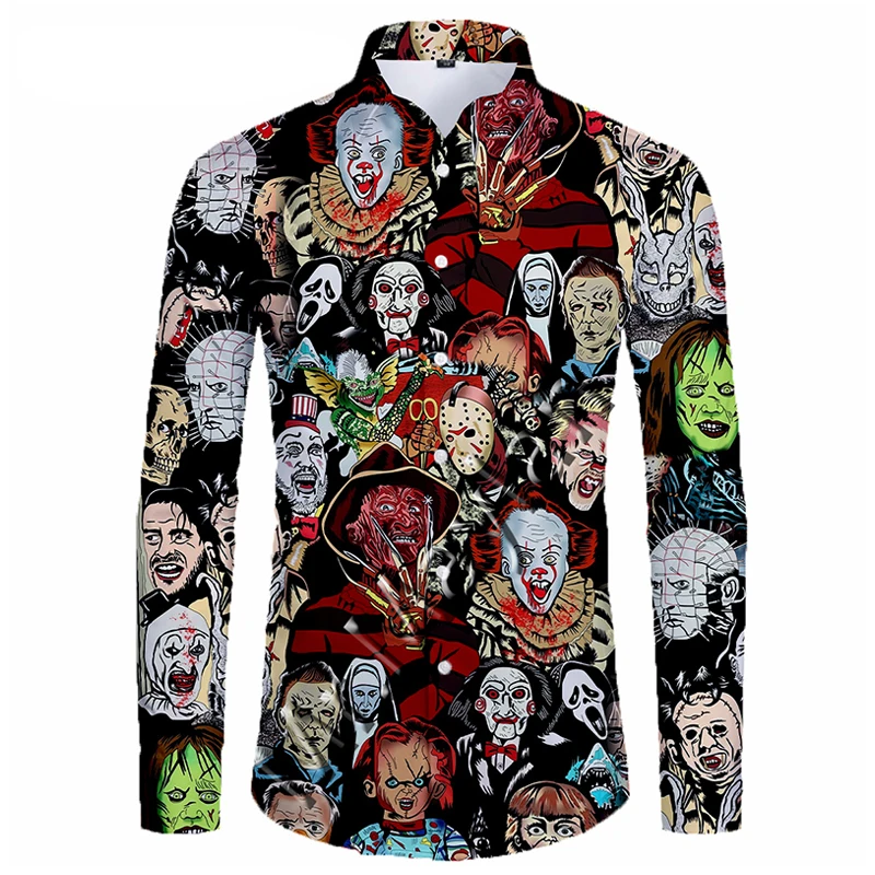 Horror Movie Full 3D Printed Shirts Men Fashion Halloween Long Sleeve Streetwear Oversized Top Homme Clothes Social Camisas