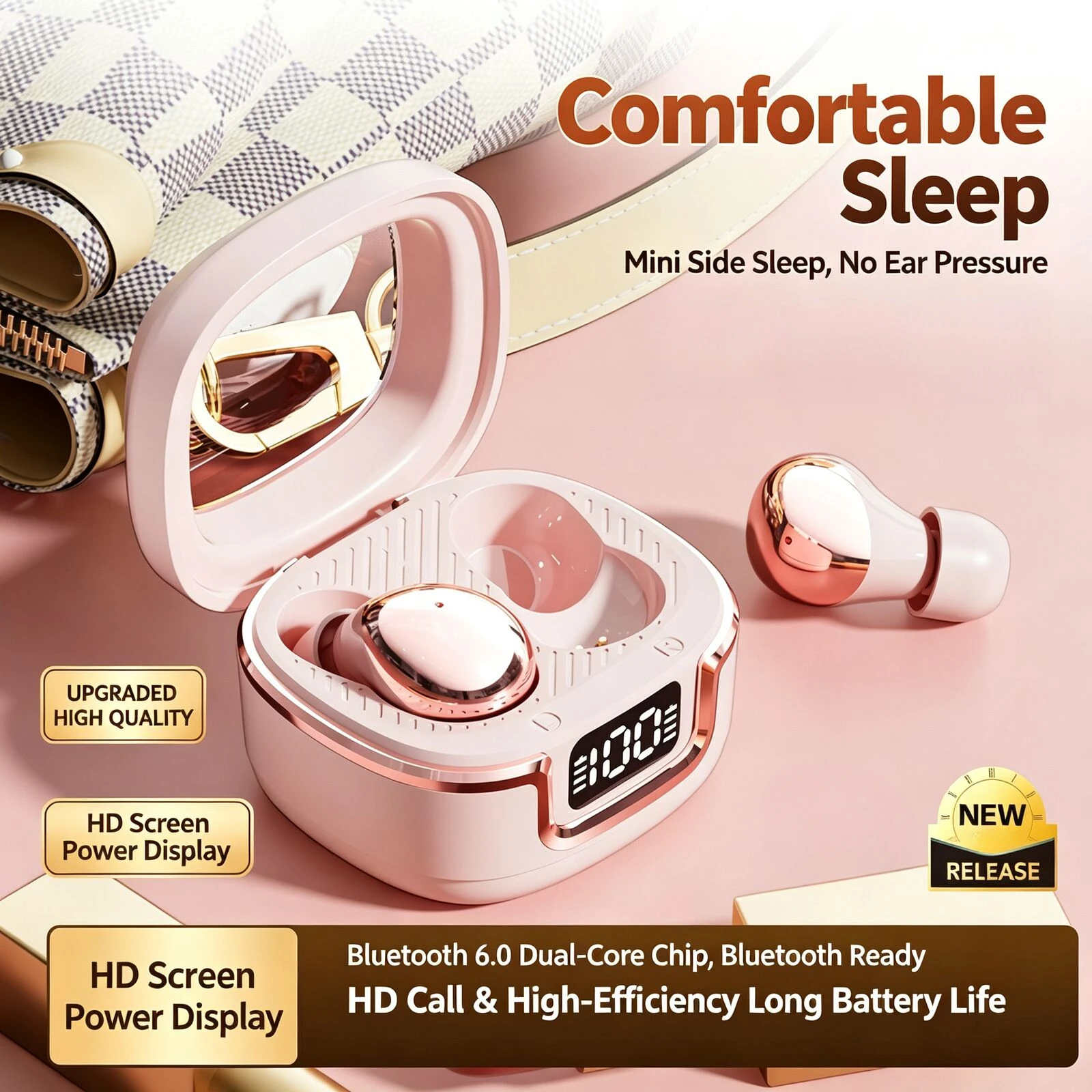 Mini In Ear Bean Sleep Wireless Bluetooth 6.0 HIFI Headphone Digital Display Noise Reduction Long Battery Life Ultra Lightweight
