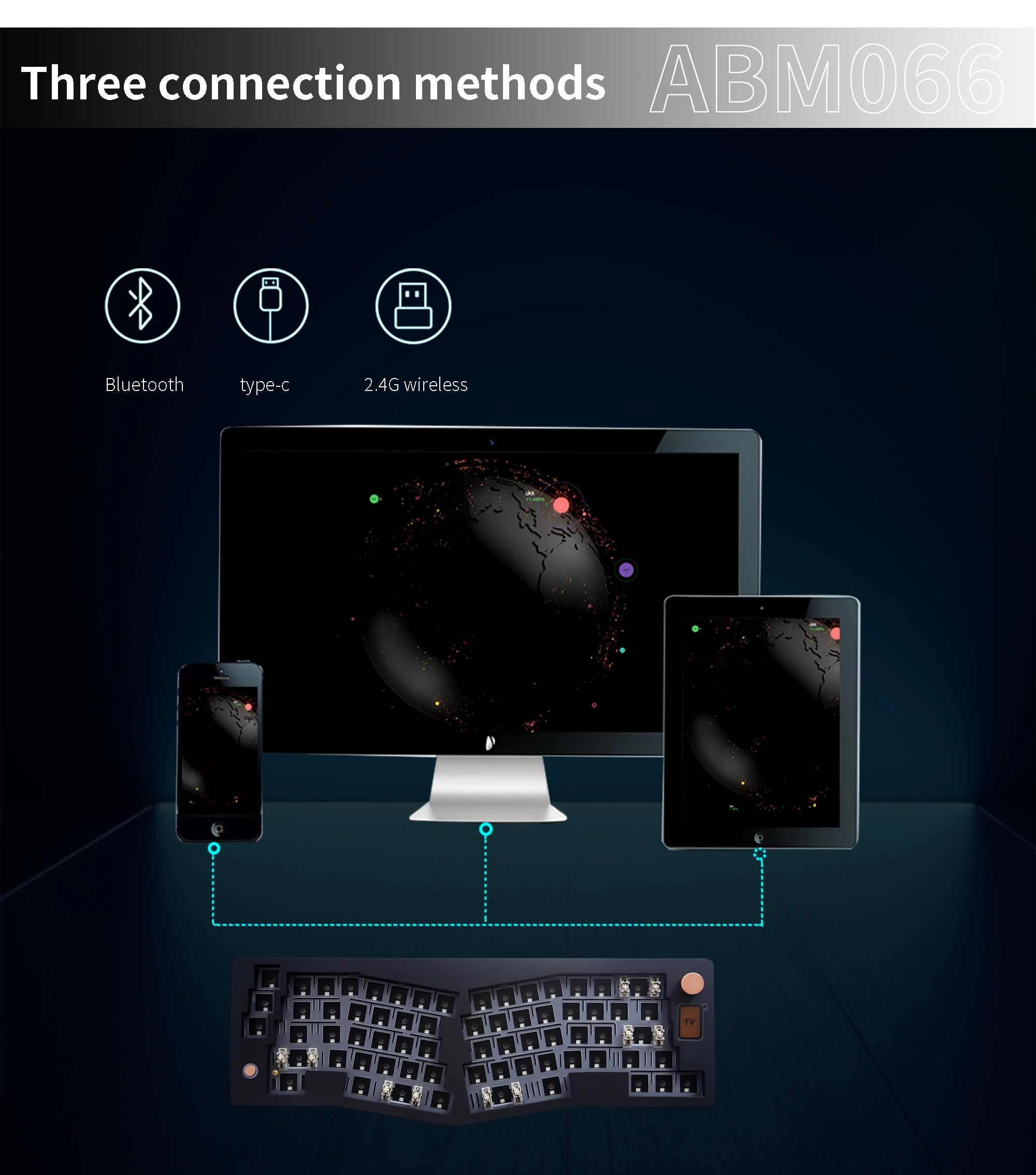 ABM066 Barebones Kit Alice-layout VIA-programmable Hot Swappable Bluetooth/2.4Ghz/ Type-C Connectivities for Win/Mac