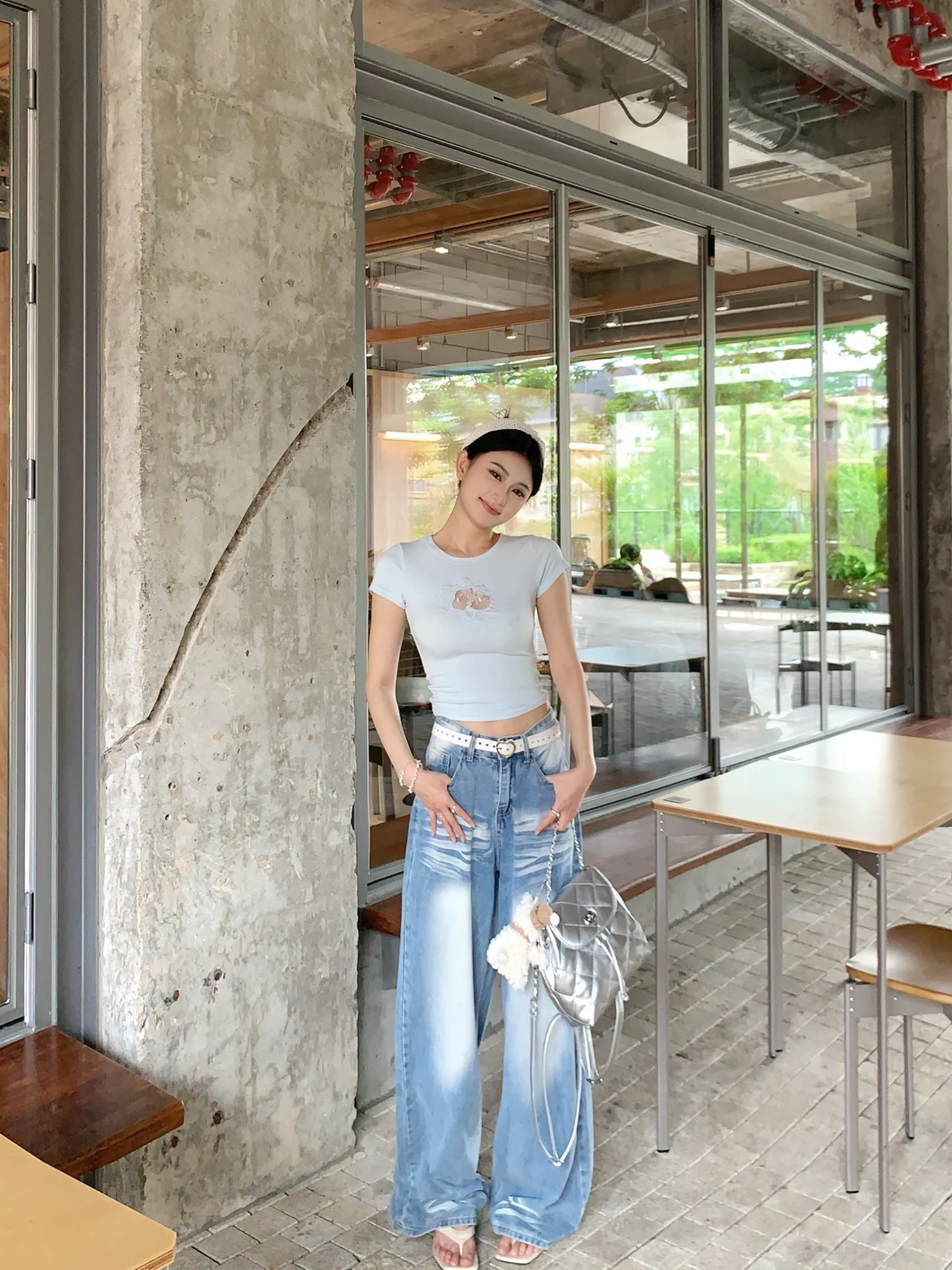 

High Waist Distressed Straight Leg Pants Pattern Gradual Color American Hot Girl Style Wide Leg Trousers for Women