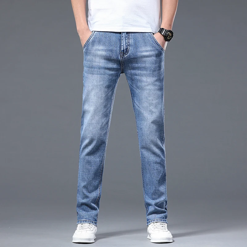 2026 Men's Regular Fit Thin Light Blue Jeans  Spring Summer New Fashion Casual Cotton Stretch Pants Denim Trousers Male Brand
