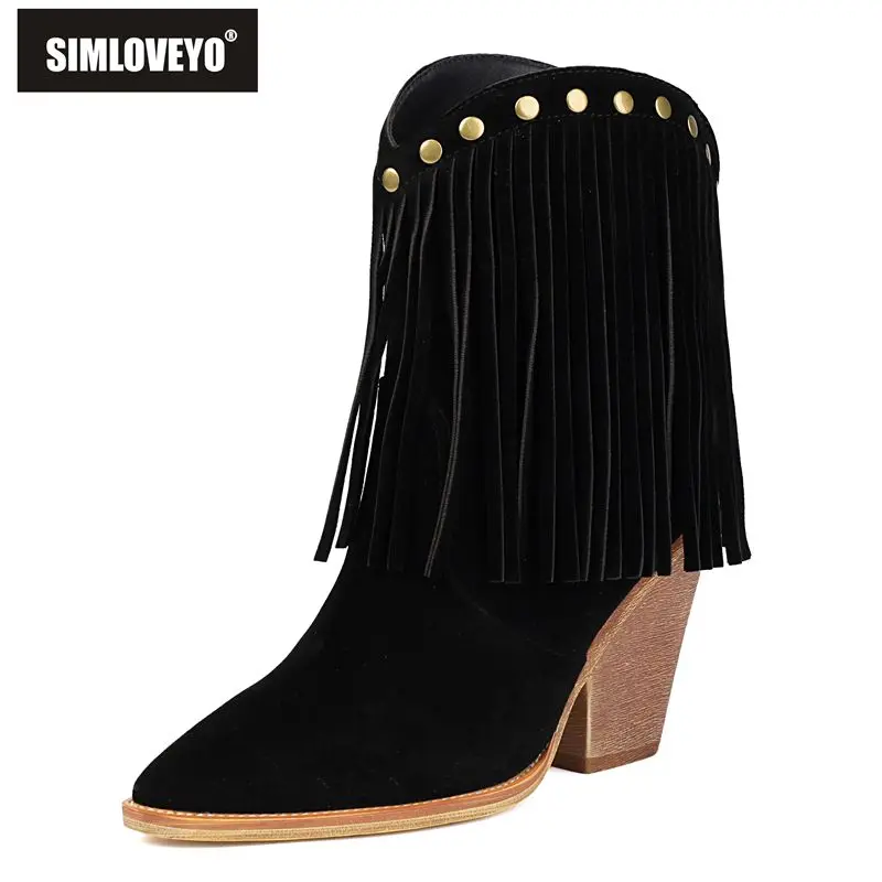 

SIMLOVEYO 2021, сапоги в стиле вестерн для девочек-ковбой, острый носок, толстый каблук 9,5 см, подвески из флока, замша, большие размеры 41–42, модная обувь для свиданий