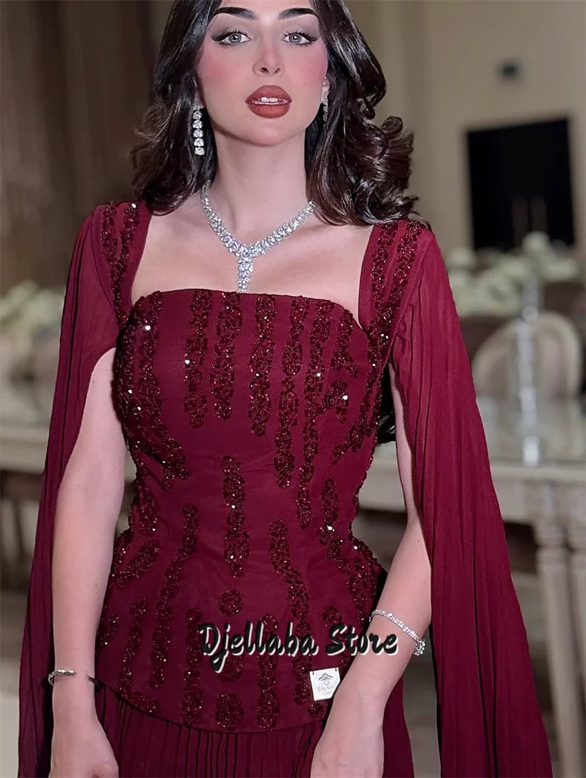 Luksusowe Czerwone Sukienki Wieczorowe Koraliki Kryształy Sukienka na Przyjęcie Urodzinowe na Bal Formalny Suknia z Peleryną Vestidos Szyte na Miarę