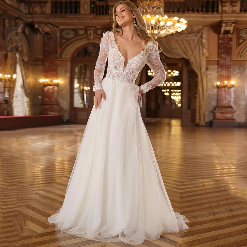 

Gorgeous Women Tulle Appliques Lace Long Sleeves Wedding Dress Sexy Deep V-Neck Sequined Backless Bridal Gowns Customized