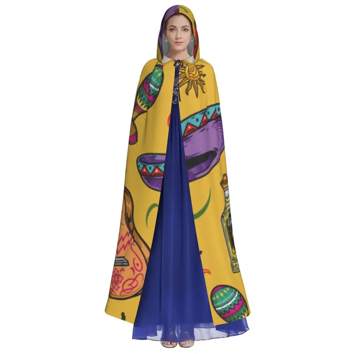 Adult Vampire Cape Hooded Robe Mexico Pattern With Guitar Halloween Cloak Full Length Cosplay