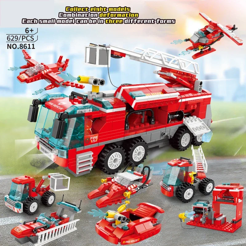 

Fire Rescue Building Blocks Set 8-in-1 Fire Truck Aircraft DIY Assembled Bricks Toy Educational Construction Toy for Kids Gift