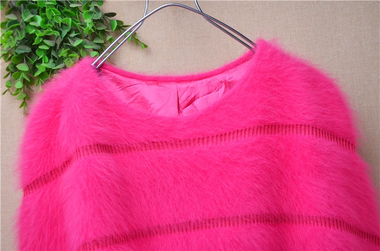 Ladies Women Autumn Winter Clothing Pull Rose Hairy Mink Cashmere knitted Pull Rose O-Neck Short Sleeves Loose Pullover Sweater