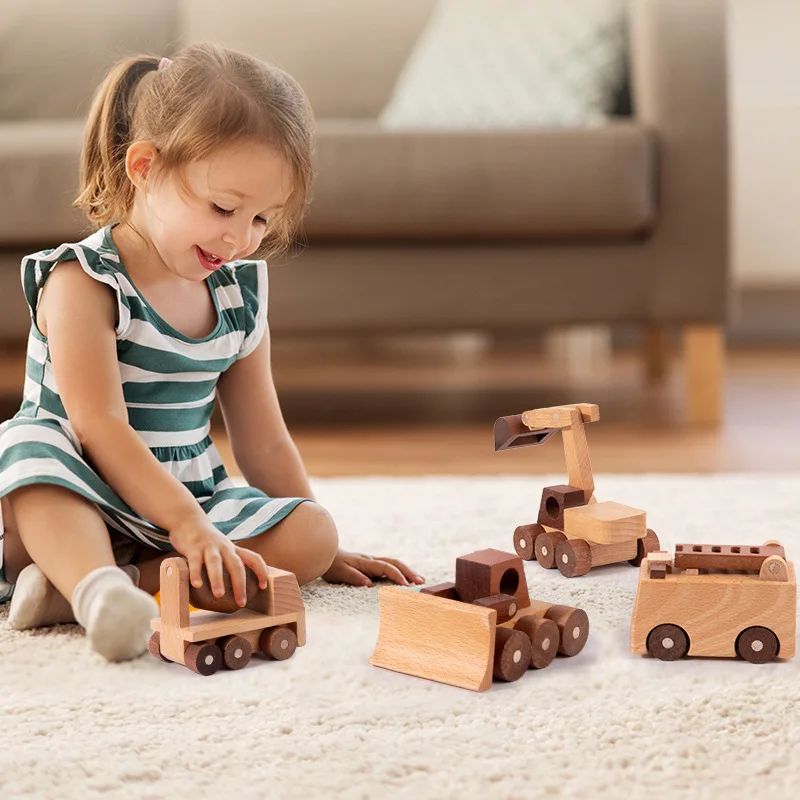 Solid wood construction vehicle excavator toy crane baby car model ornament Children's Day gift wooden toy car