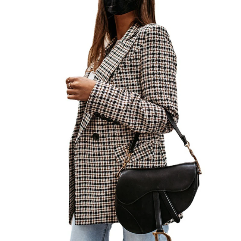 Autunno e inverno nuovo doppio petto bavero stampa Plaid temperamento piccolo vestito moda donna giacca a vento di media lunghezza