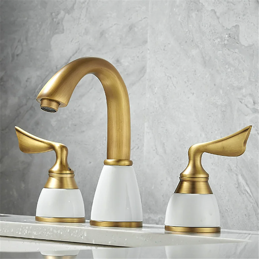 

Tuqiu Gold Basin Faucet Widespread Antique Sink Tap Brass Bathroom Sink Faucet 3 Hole Brass and Ceramic Hot Cold Water Tap