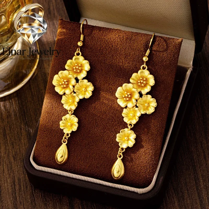 Elnar Jewelry Luxury 24K 9999 Pure Gold real gold Women's Flower Drops Tassel Ear Hook Earrings