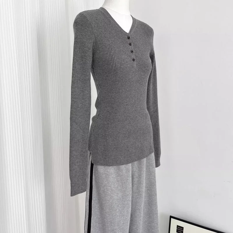 American V-neck Bottoming Sweater for Women Autumn Winter New German Velvet Inner with Solid Color Long-sleeved Top