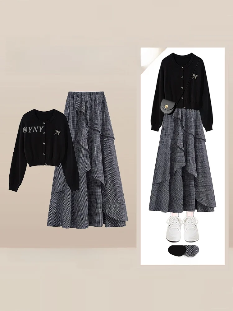 

Bla Knot Sweater Cardigan Autumn High Waist A-Line Skirt Set Wood ain Loose Fit Casual Faion Ensemble