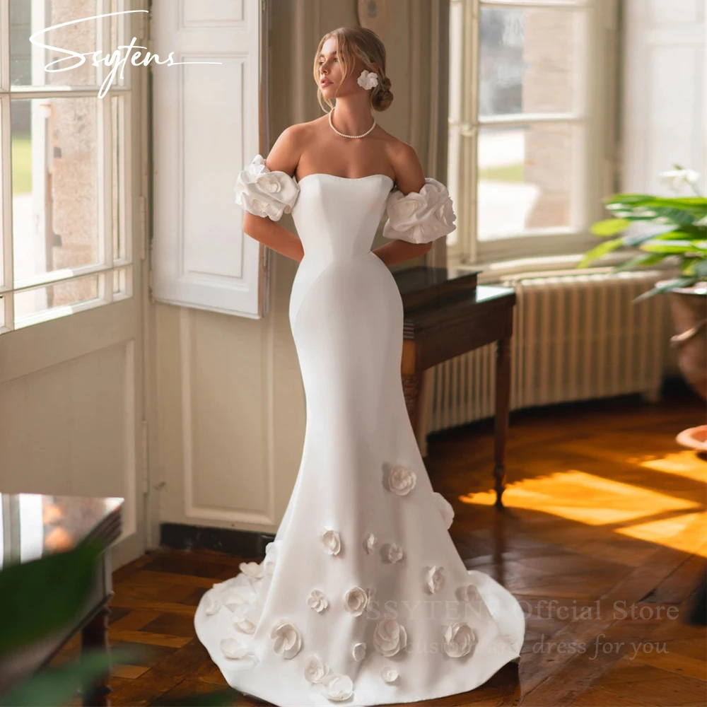 Robe de mariée sirène sexy en satin avec poignées, manches courtes, sans bretelles, robes de patients, train de balayage, fleur 3D, luxe